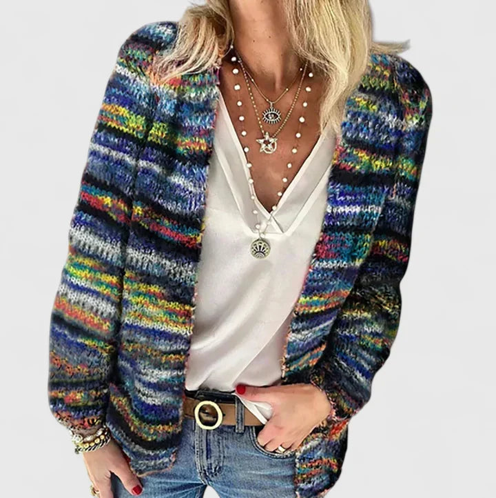 Women's Cardigan Open Front with Multicolour Striped Knit - Blue