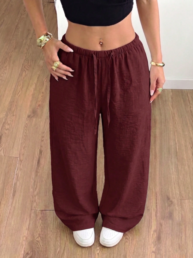 Women's Relaxed Wide-Leg Trousers Elastic Waist - Red