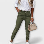 Women's Stretch Trousers with High Elastic Waistband and Ankle Length - Army Green
