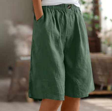 Women's Wide-Leg Bermuda Shorts High-Waist with Pockets - Green