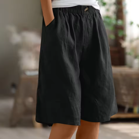 Women's Wide-Leg Bermuda Shorts High-Waist with Pockets - Black