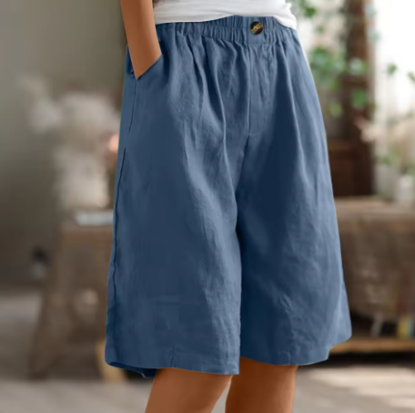 Women's Wide-Leg Bermuda Shorts High-Waist with Pockets - Blue