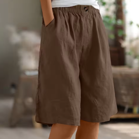 Women's Wide-Leg Bermuda Shorts High-Waist with Pockets - Brown