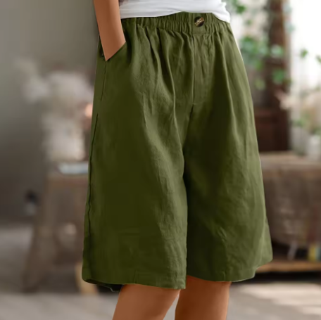 Women's Wide-Leg Bermuda Shorts High-Waist with Pockets - Army Green