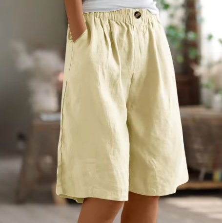 Women's Wide-Leg Bermuda Shorts High-Waist with Pockets - Beige