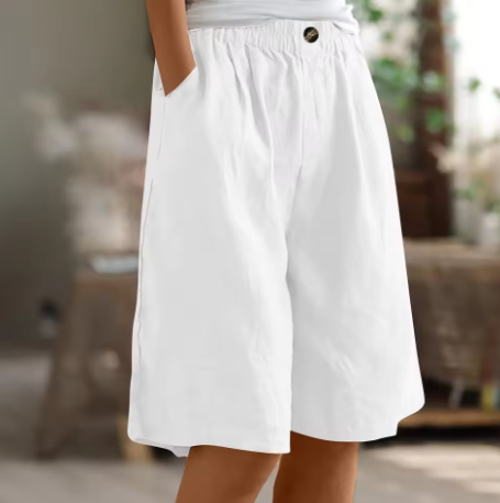 Women's Wide-Leg Bermuda Shorts High-Waist with Pockets - White