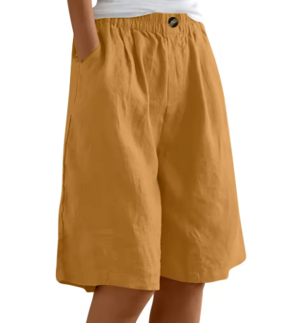 Women's Wide-Leg Bermuda Shorts High-Waist with Pockets - Earthy Yellow