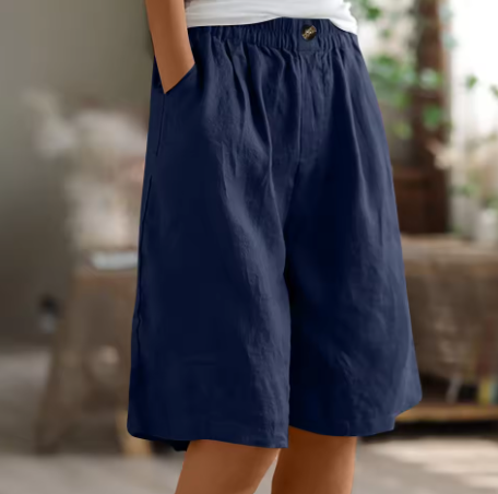 Women's Wide-Leg Bermuda Shorts High-Waist with Pockets - Navy Blue