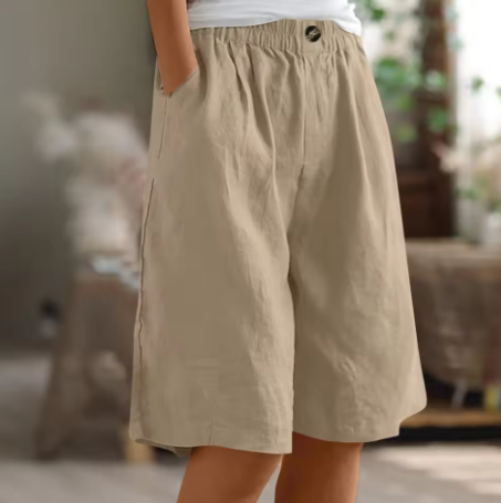Women's Wide-Leg Bermuda Shorts High-Waist with Pockets - Khaki