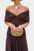 Women's Off-Shoulder Maxi Dress with V-Neck and Pleated Waist - Brown