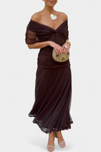 Women's Off-Shoulder Maxi Dress with V-Neck and Pleated Waist