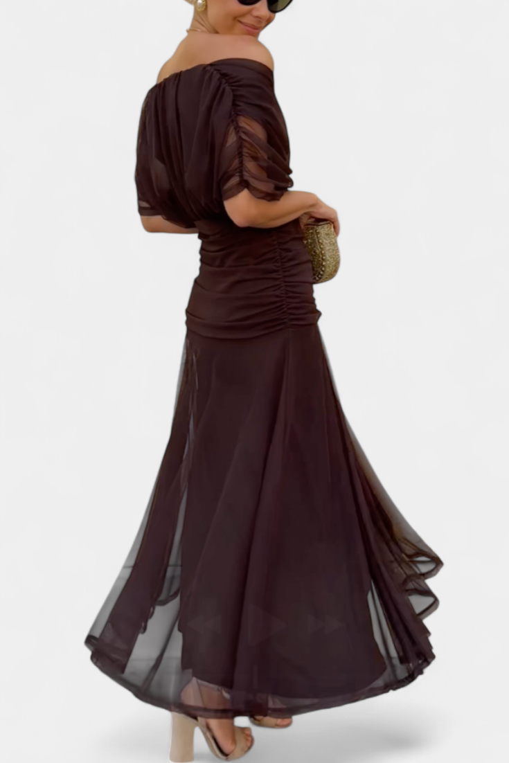 Women's Off-Shoulder Maxi Dress with V-Neck and Pleated Waist - 3