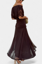 Women's Off-Shoulder Maxi Dress with V-Neck and Pleated Waist - 3