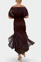 Women's Off-Shoulder Maxi Dress with V-Neck and Pleated Waist - 4