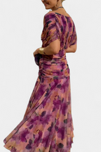 Women's Off-Shoulder Maxi Dress with V-Neck and Pleated Waist - 12