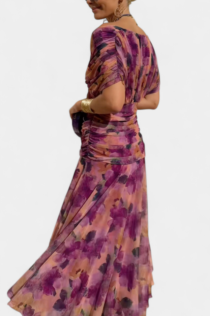 Women's Off-Shoulder Maxi Dress with V-Neck and Pleated Waist - 12