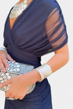 Women's Off-Shoulder Maxi Dress with V-Neck and Pleated Waist - Blue