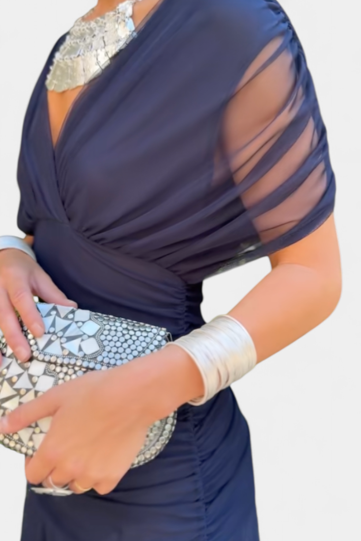 Women's Off-Shoulder Maxi Dress with V-Neck and Pleated Waist - Blue