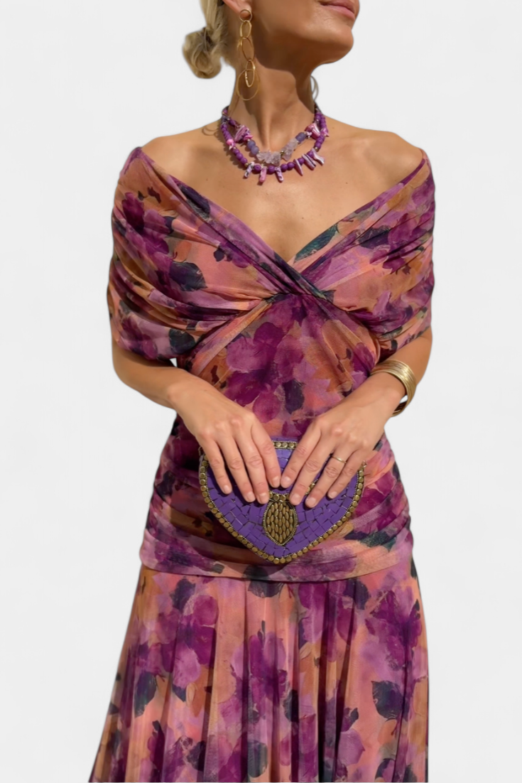 Women's Off-Shoulder Ruched Floral Midi Dress with Flowing Skirt - 14