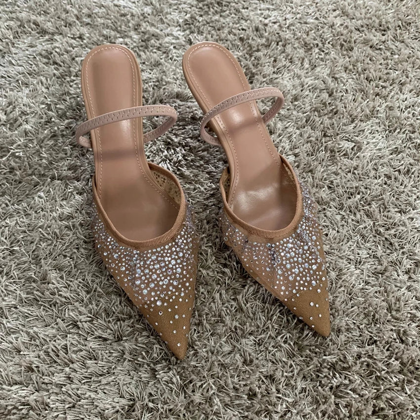 Women's Slingback Heels with Rhinestone Mesh Upper - 4