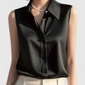 Women's Sleeveless Blouse with Collar and Button-Up Front - Black