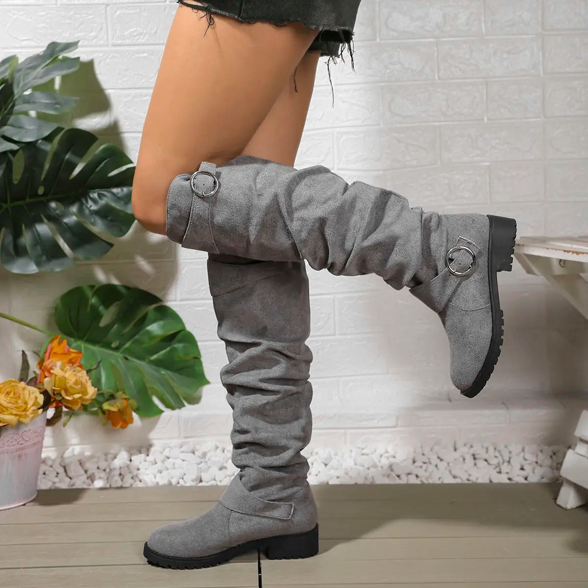 Women's Knee High Boots with Slouchy Fit and Buckle Detail - Light Grey