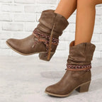 Women's Western Ankle Boots with Braided Tassel Strap and Block Heel - 2
