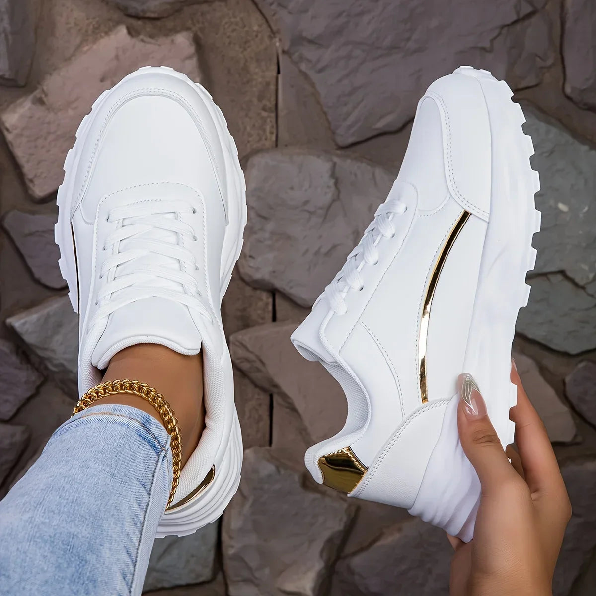 Women's Sneakers with Faux Leather Finish and Metallic Trim - 5