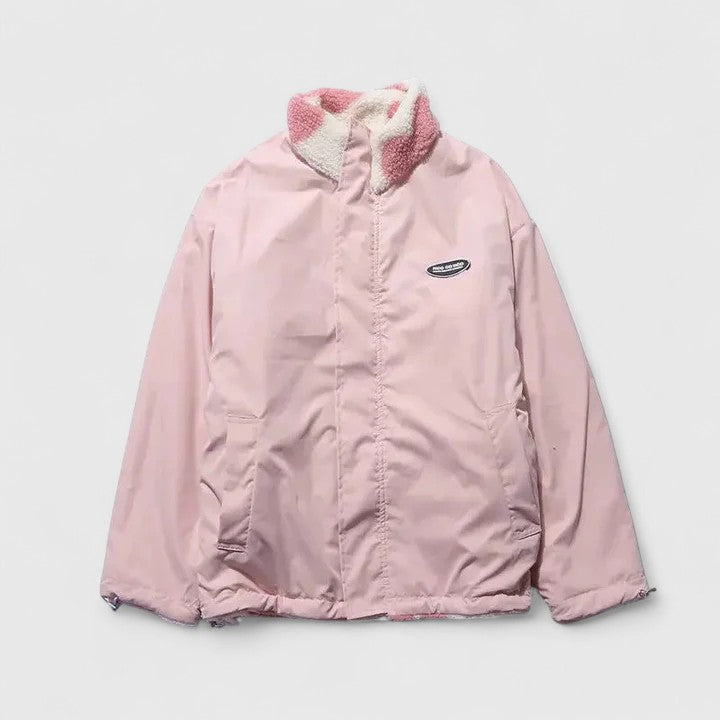 Women's Fleece Jacket with Heart Print and Stand Collar - 2