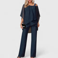 Women's Two-Piece Trouser Set with Asymmetric Overlay Top - Navy