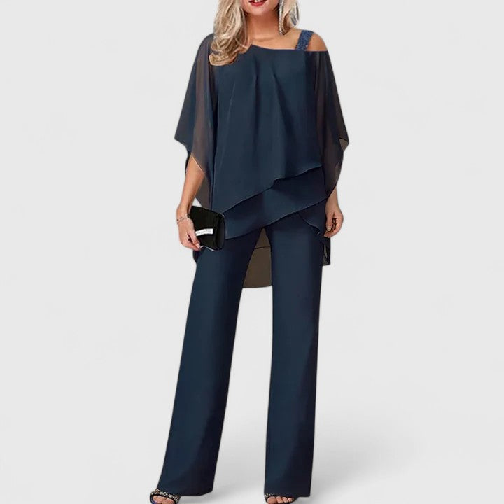 Women's Two-Piece Trouser Set with Asymmetric Overlay Top - Navy