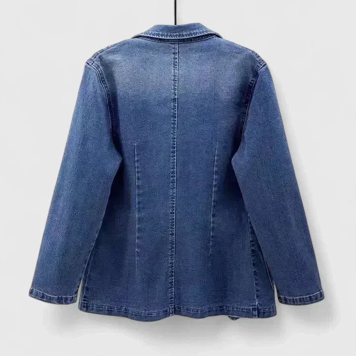 Women's Denim Blazer Jacket with Notched Lapel and Patch Pockets - 2
