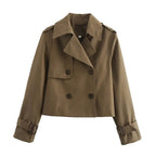 Women's Cropped Trench Coat with Double-Breasted Buttons and Belted Cuffs - Brown