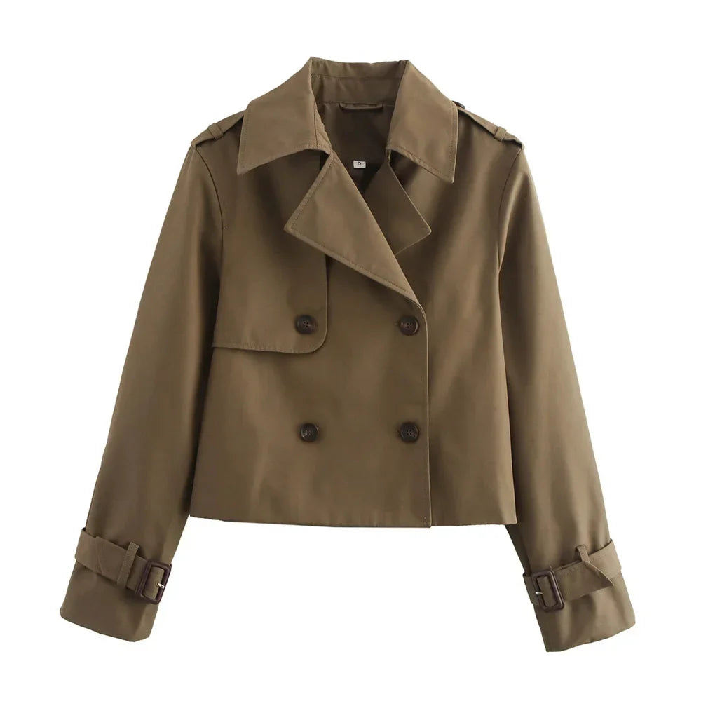 Women's Cropped Trench Coat with Double-Breasted Buttons and Belted Cuffs - Brown