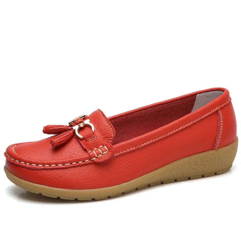Women's Slip-On Loafers with Tassel Trim and Wedge Sole - Red