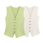 Women's Knitted Waistcoat Sleeveless with V-Neck and Button Front - 2