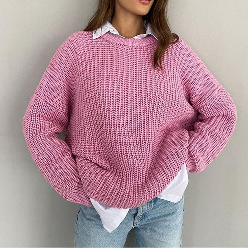Women's Relaxed Fit Ribbed Jumper with Layered Collar - Pink