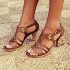 Women's T-Strap Sandals with Ring Detail and Block Heel - 7