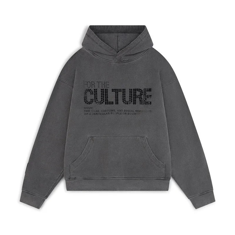 Unisex Hoodie with Rhinestone Statement Text and Relaxed Fit - Grey
