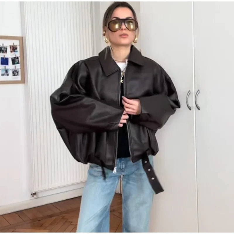 Women's Faux Leather Bomber Jacket with Belted Waist and Point Collar - 5