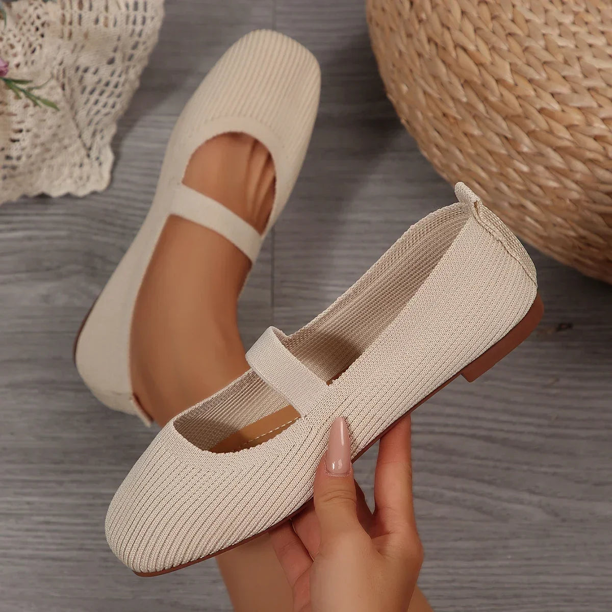 Women's Knitted Ballet Flats with Elastic Strap and Round Toe - Beige