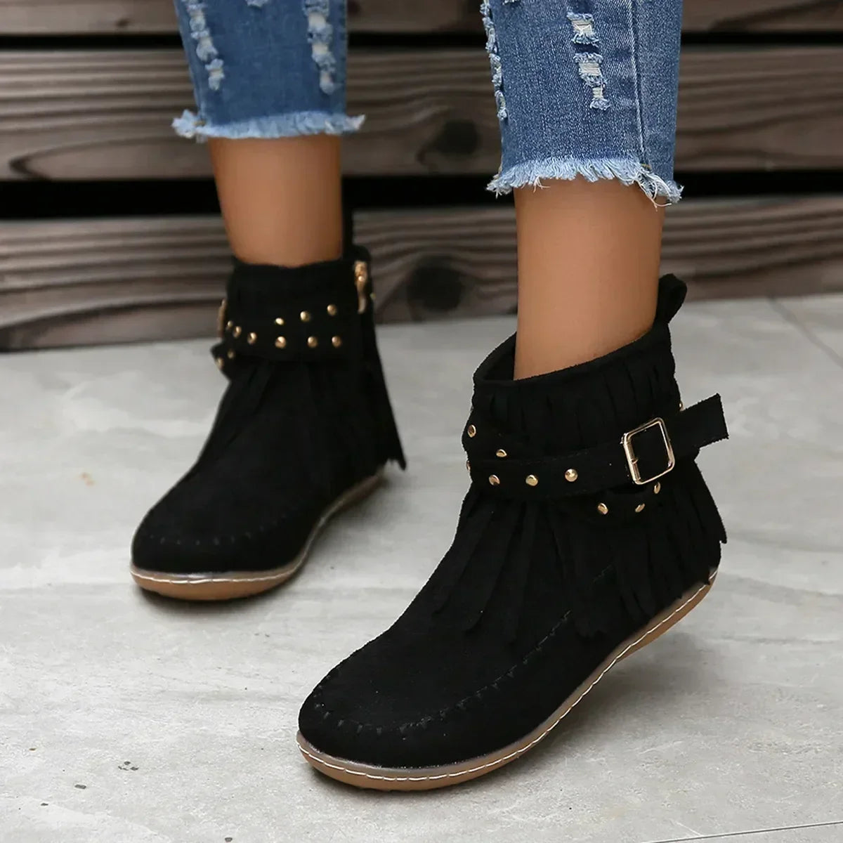 Women's Ankle Boots with Fringe and Studs, Western Boho Style - Black
