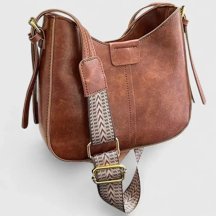 Women's Shoulder Bag with Curved Silhouette and Adjustable Strap - Red Brown