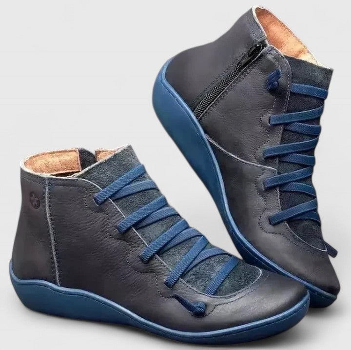 Women's Ankle Boots with Lace-Up Detail and Side Zip - Blue