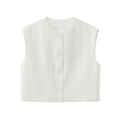 Women's Sleeveless Ribbed Knit Vest with Button Front and Round Neck - White