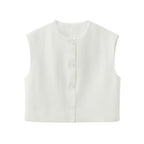 Women's Sleeveless Ribbed Knit Vest with Button Front and Round Neck - White