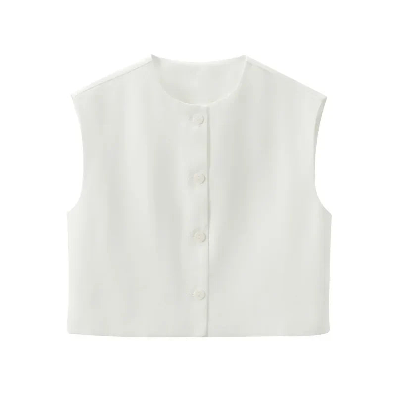 Women's Sleeveless Ribbed Knit Vest with Button Front and Round Neck - White