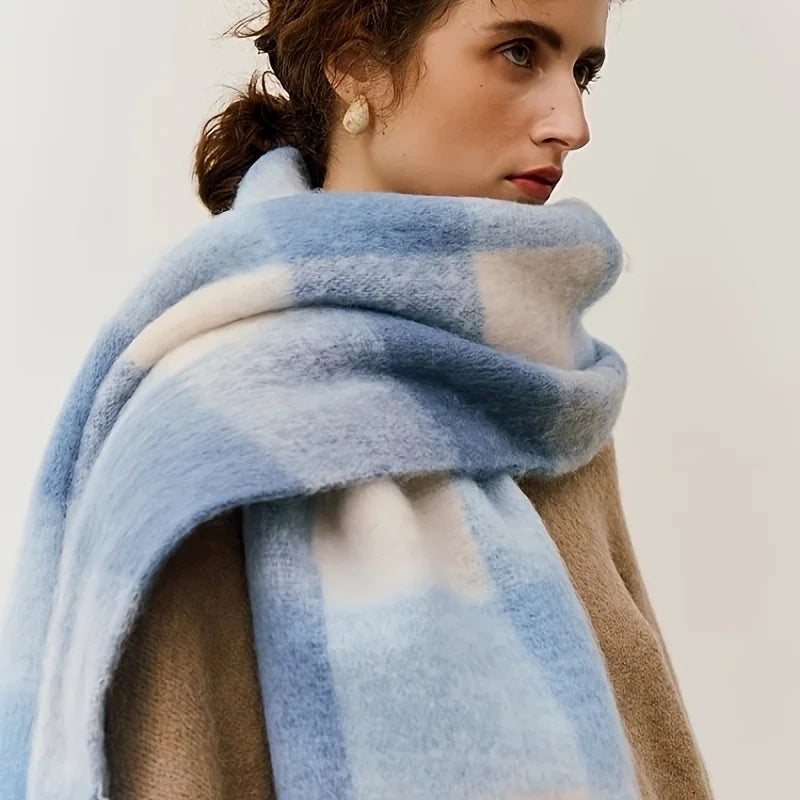 Women's Oversized Checked Scarf with Fringed Edges - Blue