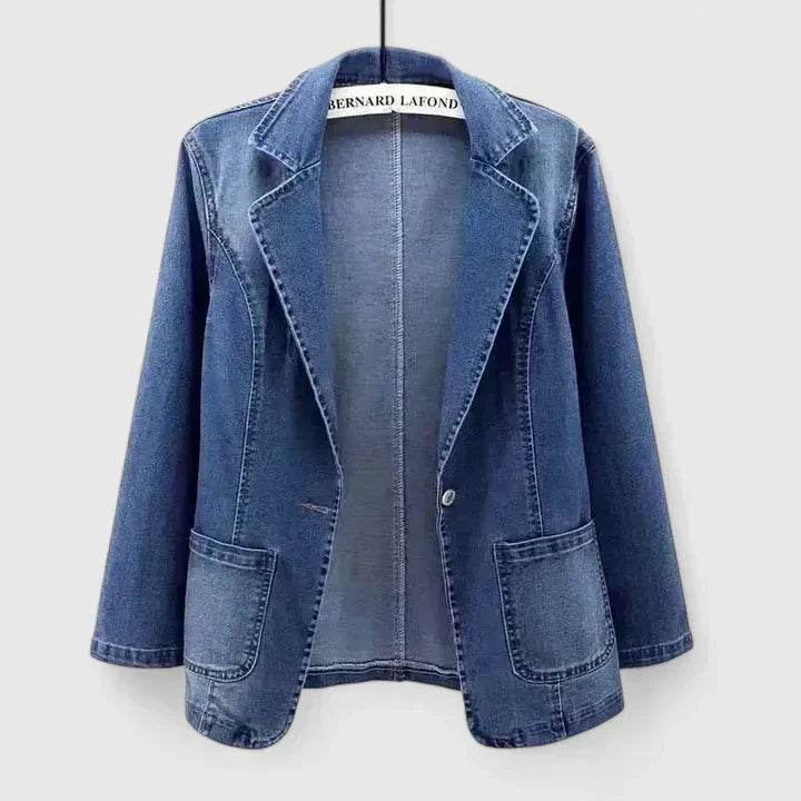 Women's Denim Blazer Jacket with Notched Lapel and Patch Pockets