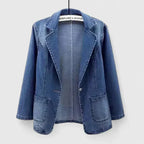 Women's Denim Blazer Jacket with Notched Lapel and Patch Pockets